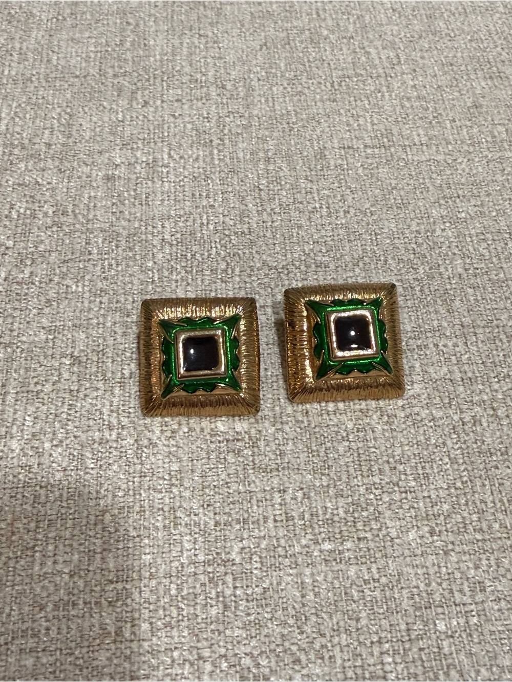 Vintage Gold and Green Square Enamel Clip on fashion Earrings